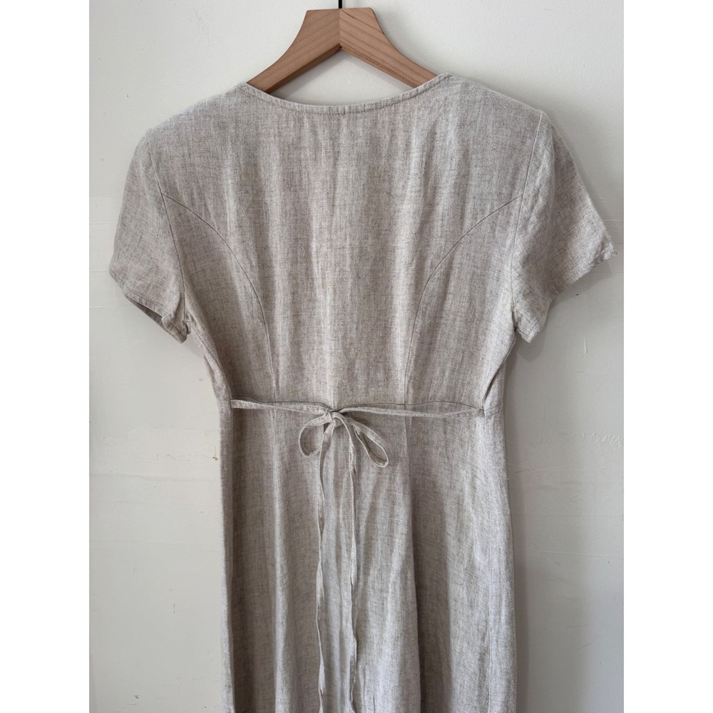 Vintage Midi Dress Size 5/6 Tan Linen Blend Button Front Tie Back Cottagecore - Picture 5 of 13